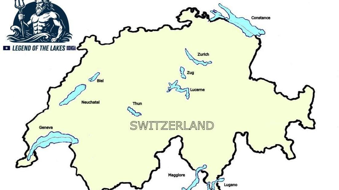A map of all the lakes Neil Gilson aims to swim. The map is yellow and has the word 'Switzerland' at the centre. In the top left corner is a graphic of a merman with the words 'Legends of the Lakes' below it. 