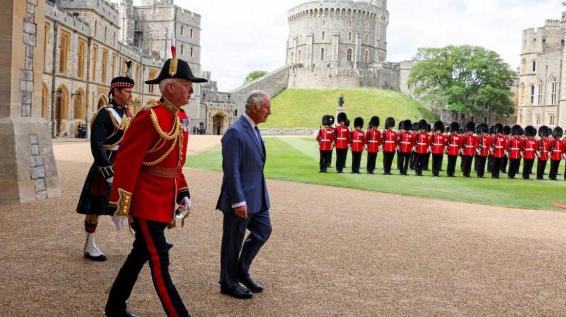 King Charles arrives at the Sovereign's Entrance of Windsor Castle on July 10, 2023 in Windso