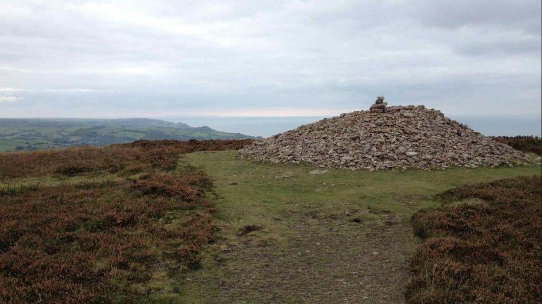 The pile of rocks at the top of Great Hangman, with grass and vegetation around the site. In the distance are fields. Above is grey cloud.