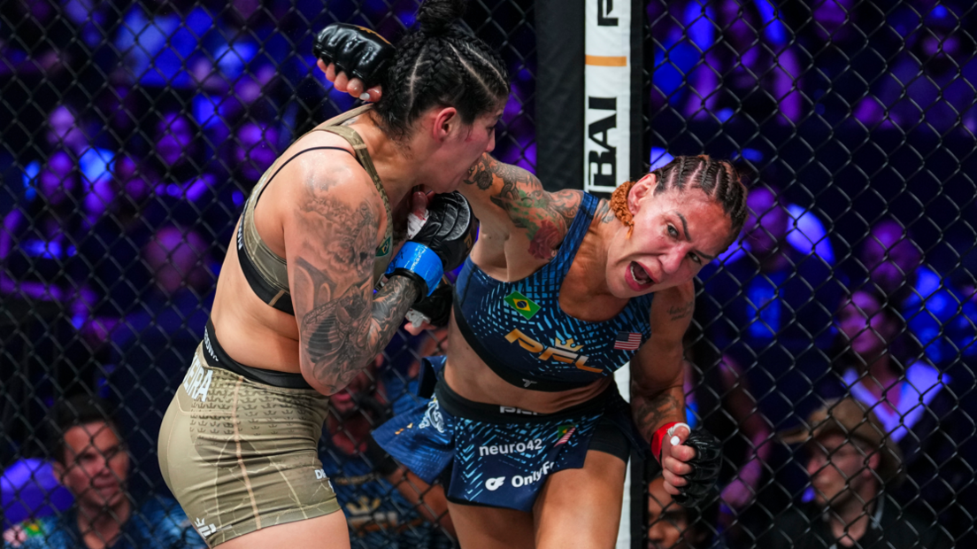 Cris Cyborg swings a punch at Ketlen Vieira during their PFL fight