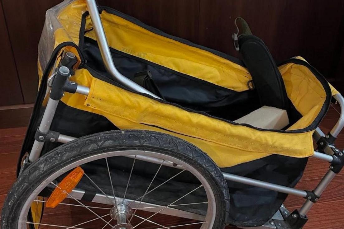 A black and white pull along trolley rests on the floor. It has a bicycle wheel on one side and a broken tow bar tucked in its basket.