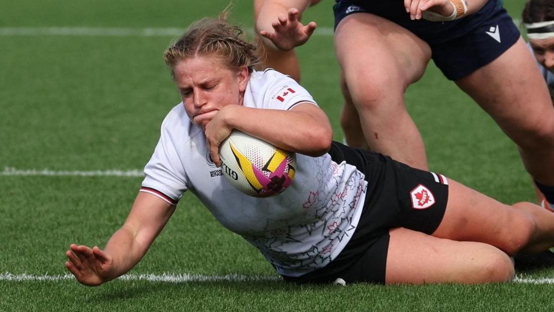 Emily Tuttosi scores at try for Canada in their win over Scotland at Sandy Park at the World Cup