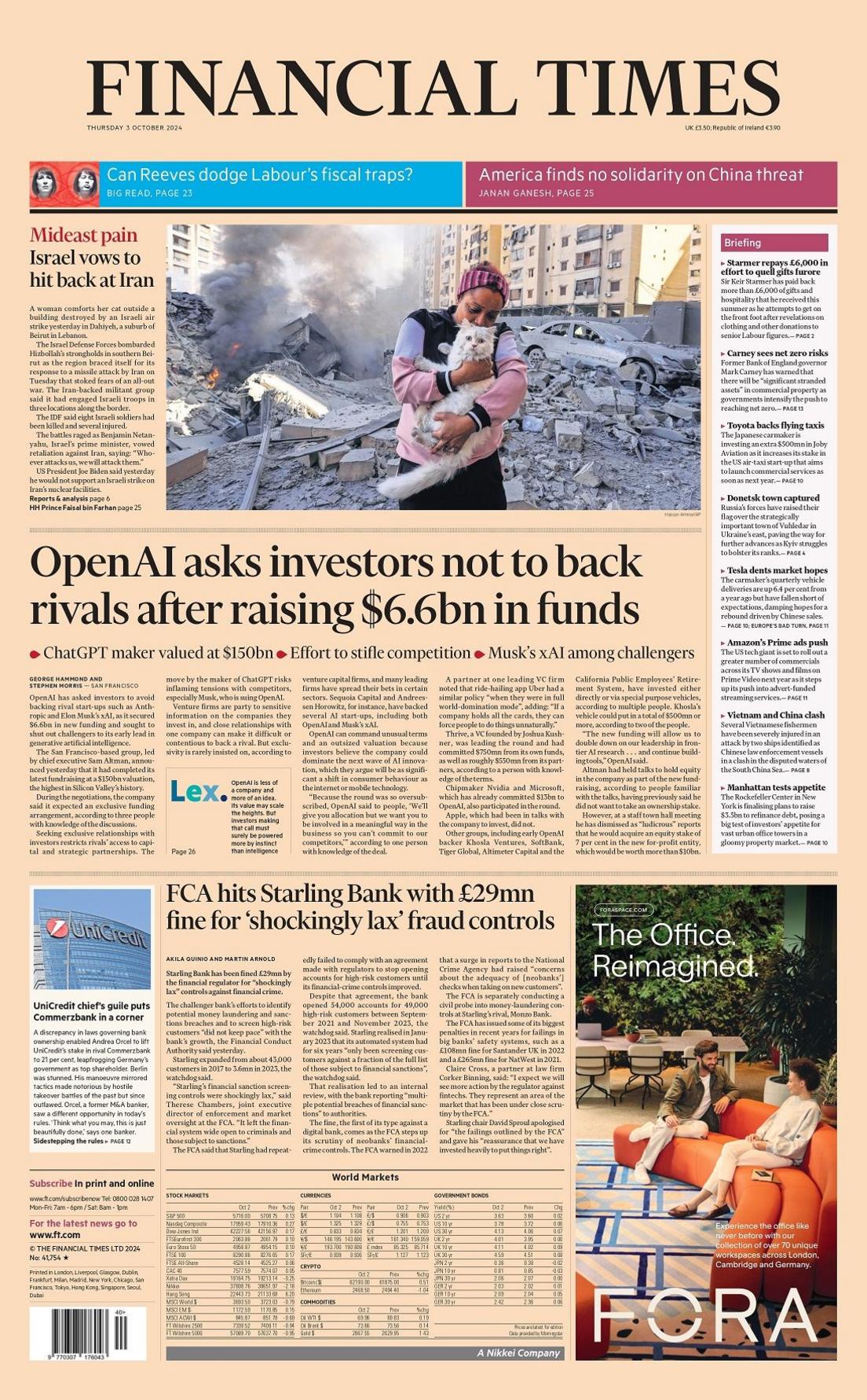 The Financial Times front page for 3 October 