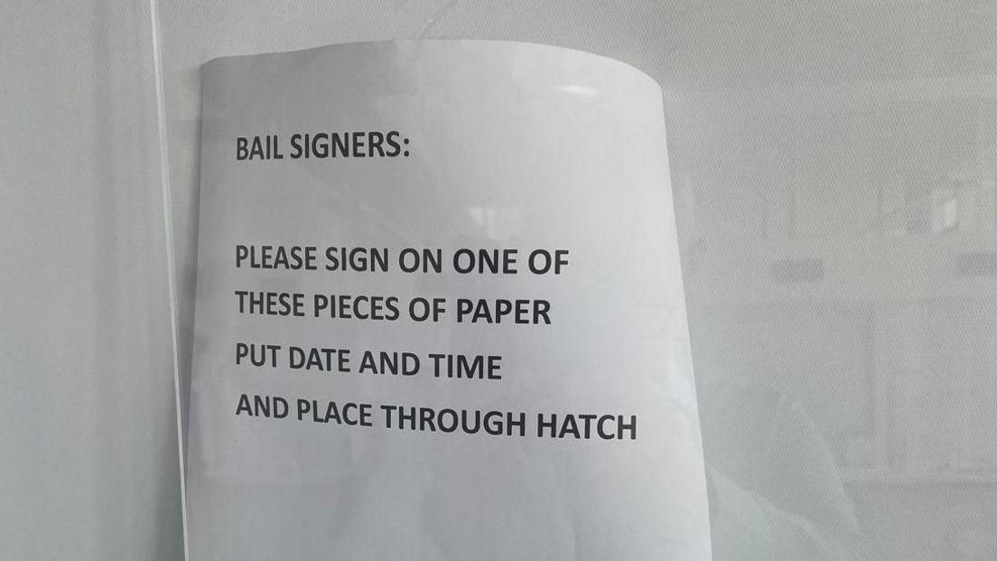 Piece of white paper with black writing saying "bail signers, please sign on one of these pieces of paper, put date and time and place through hatch"