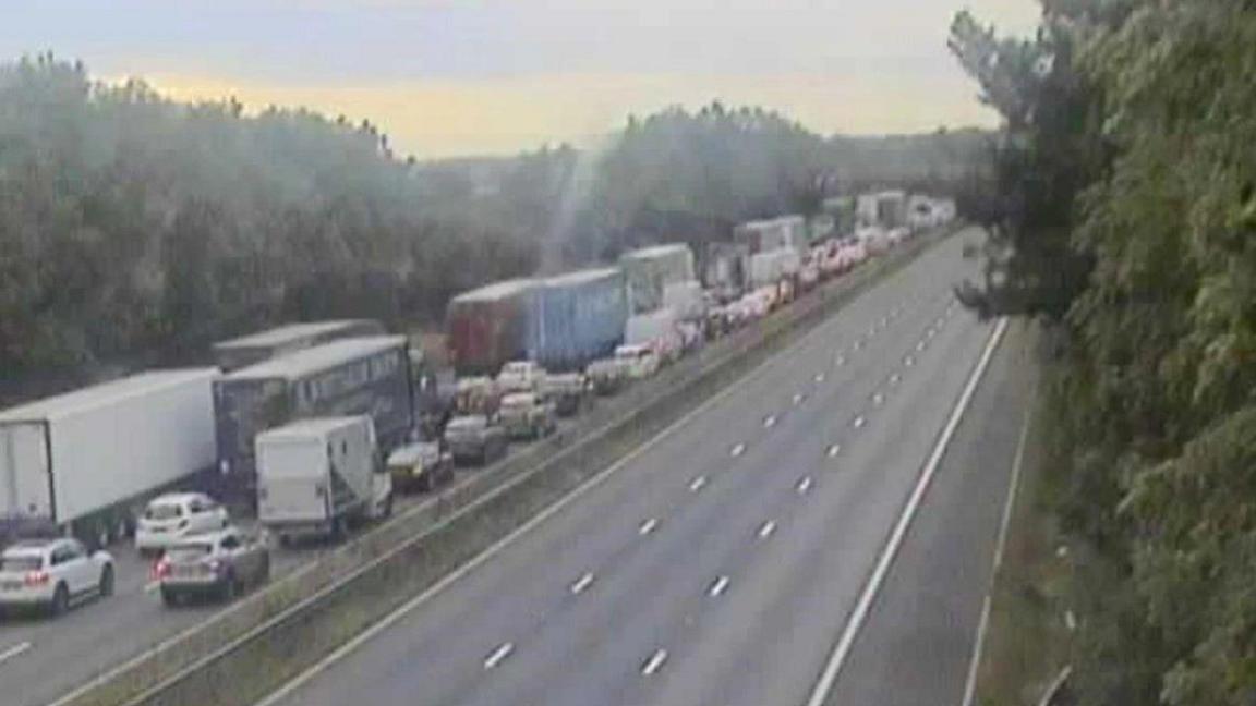 Traffic queueing on the M1 southbound in Leicestershire.
