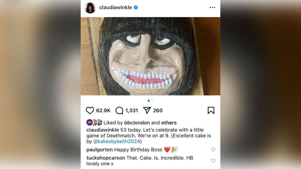 Screen grab of the cake appearing on Claudia Winkleman's Instagram page. It has been liked 62.9k and Claudia has commented to say: "53 today. Let's celebrate with a little game of Deathmatch. We're on at 9. Excellent cake is by @kakesbykeith2024