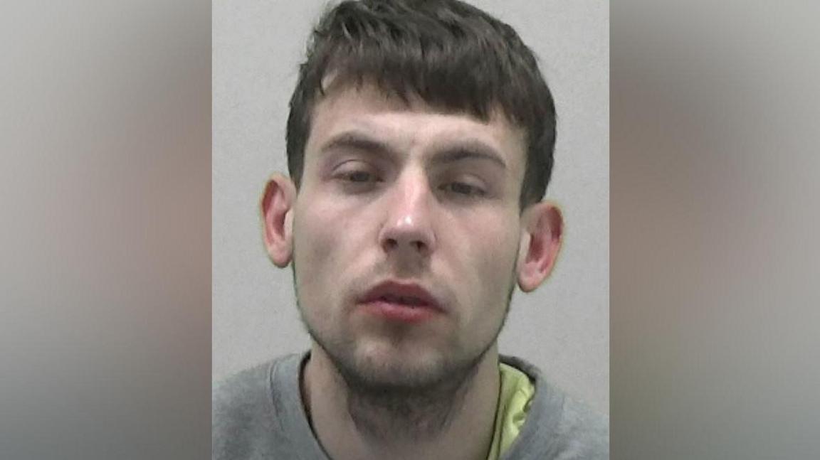 Mugshot of Dallan Tearse. He has thick dark hair, faint stubble and a glazed expression on his face with his eyes half closed. He is wearing a grey sweatshirt