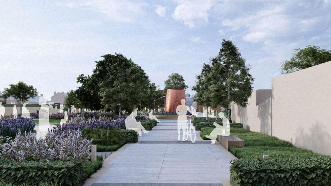 An artist impression of a manicured landscape with a whitewashed path leading up to a cylindrical sculpture. On either side of the path are flowerbeds and bushes