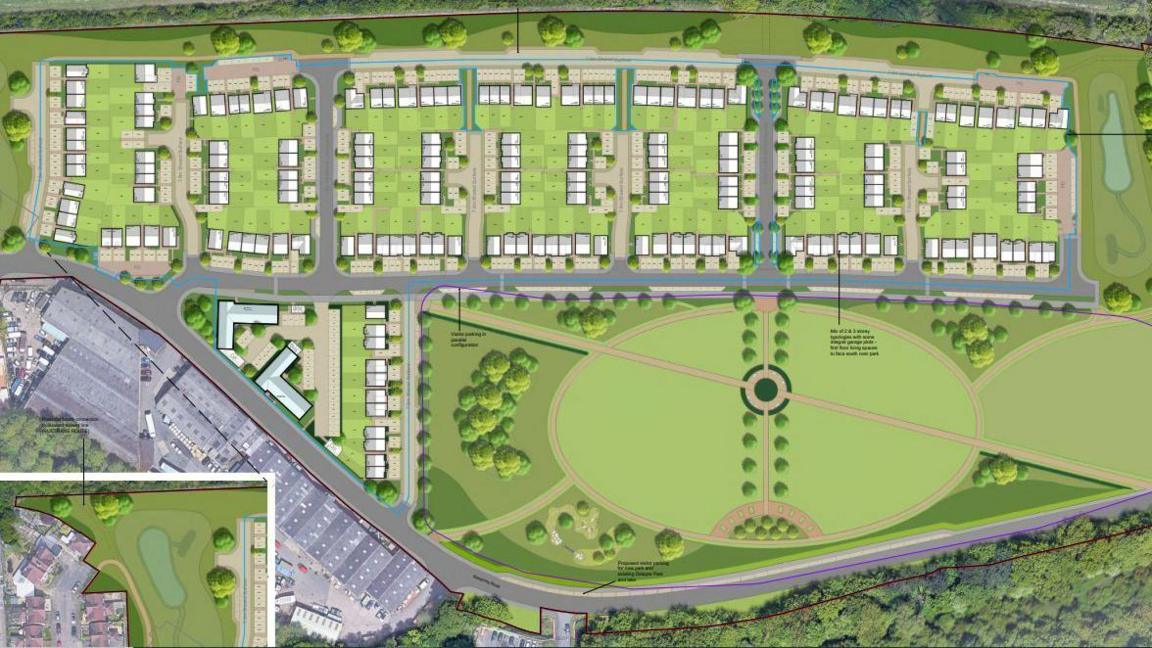 A 3D image and map of a potential site building site. It shows homes, large green areas, trees, grass and a road. 