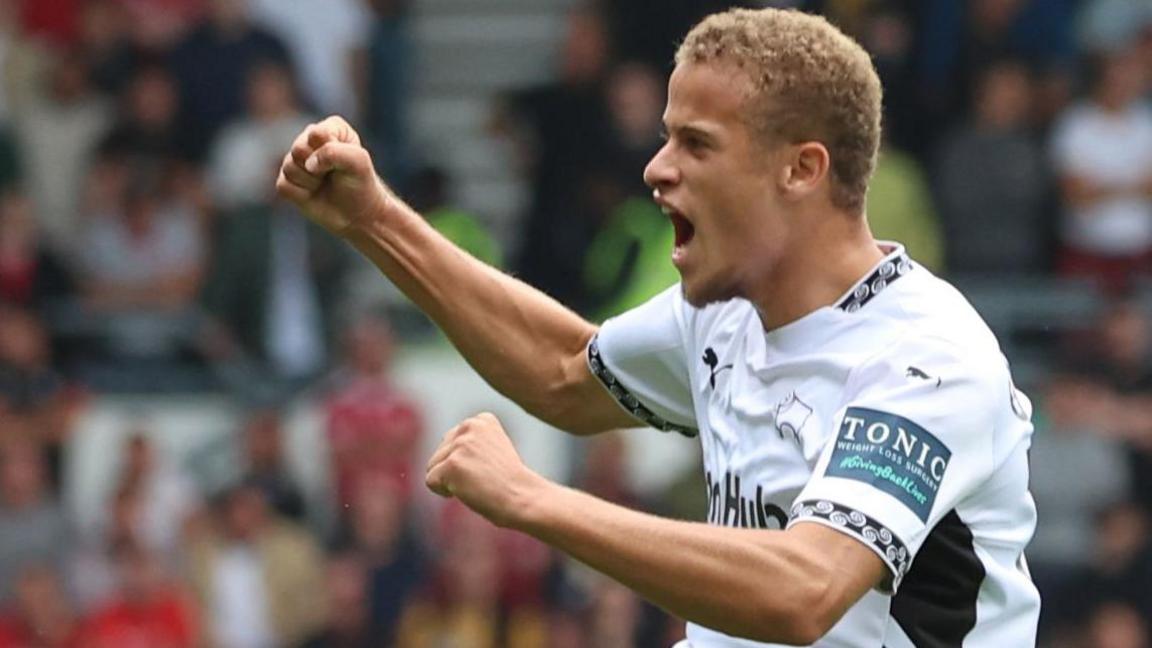 Kenzo Goudmijn celebrates scoring his first goal for Derby County in the game against Bristol City