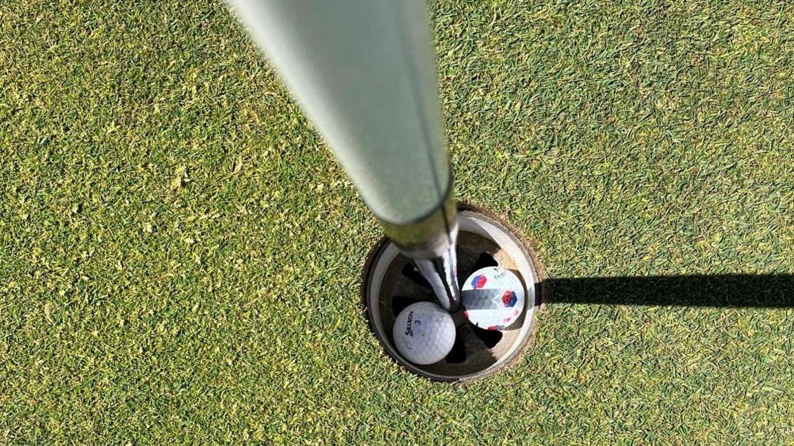 Two Golf balls in a hole on the Royal Liverpool Golf Club course