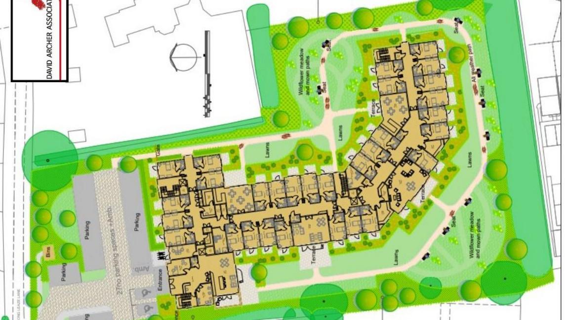 Sketch of plans for a care home, detailing its location and room layout