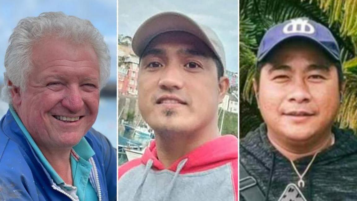 Composite photo of L'Ecume II crew members Michael Michieli, Larry Simyunn and Jervis Baligat. They are all smiling.