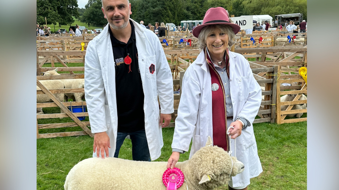 Jeanne Mundy showing sheep at Ripley Show. She wears a pink fedora hat, white coat, pink jacket and hunter-style boots. She holds the harness of a sheep with a pink rosette. Behind her, pens of sheep can be seen. She stands alongside judge Ian Brocksbank.
