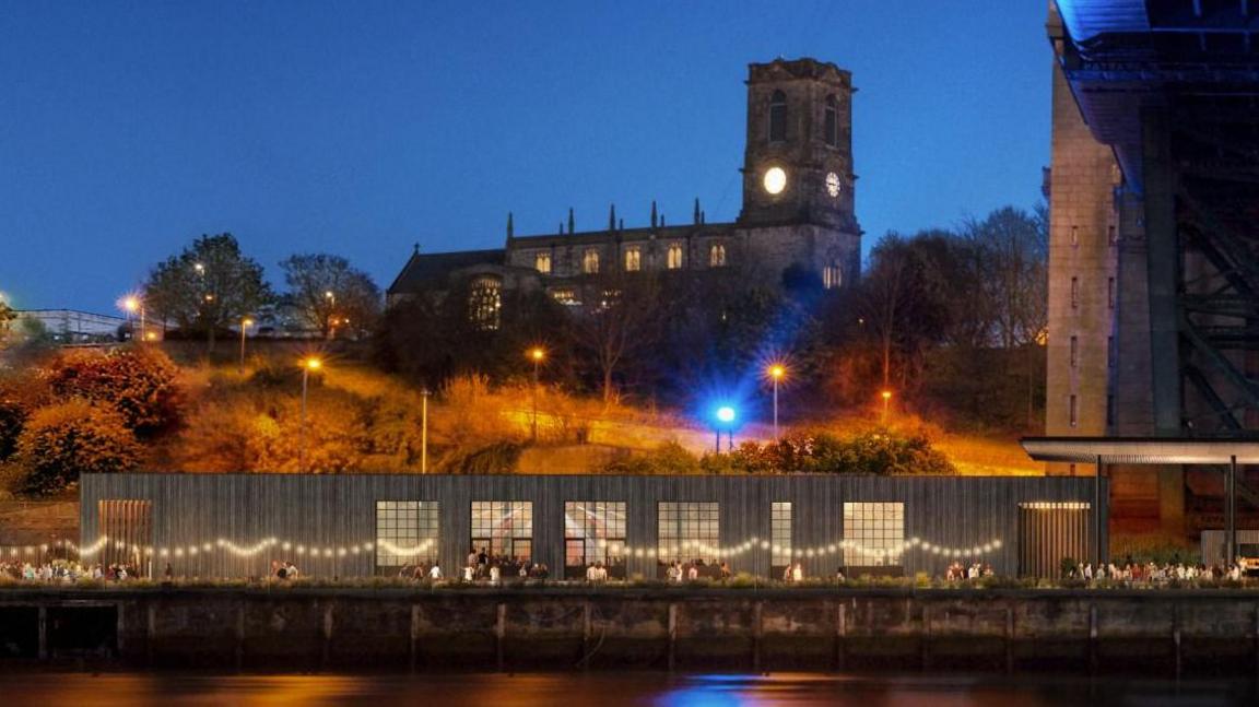 An artist's impression of the plans for the bar. It is shown at night with street lights behind. The structure is a large wooden container with lights strung up outside and large windows. To the right, part of the Tyne Bridge can be seen. In the background, a church with a square tower and lit up clock faces is visible.