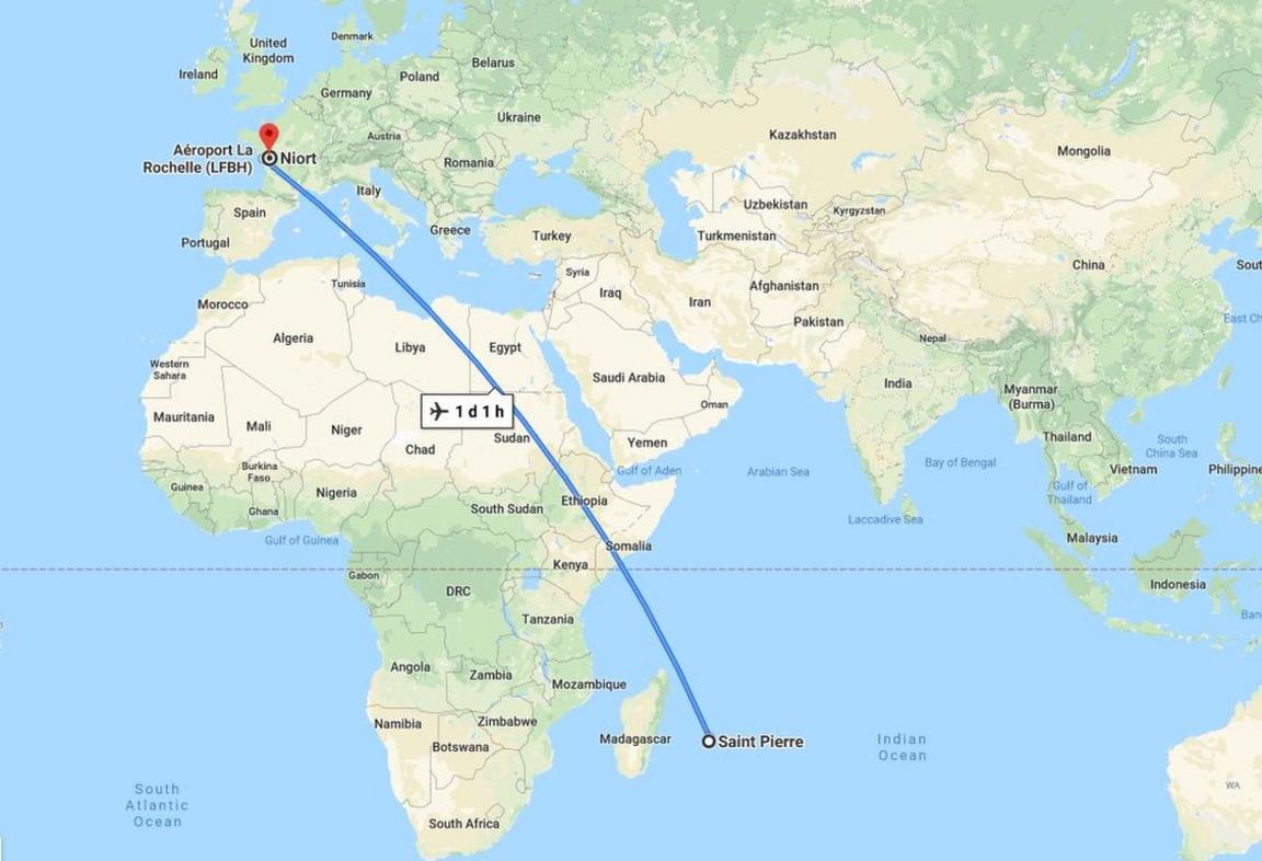 The total journey time between Reunion and France is more than one day, according to Google Maps