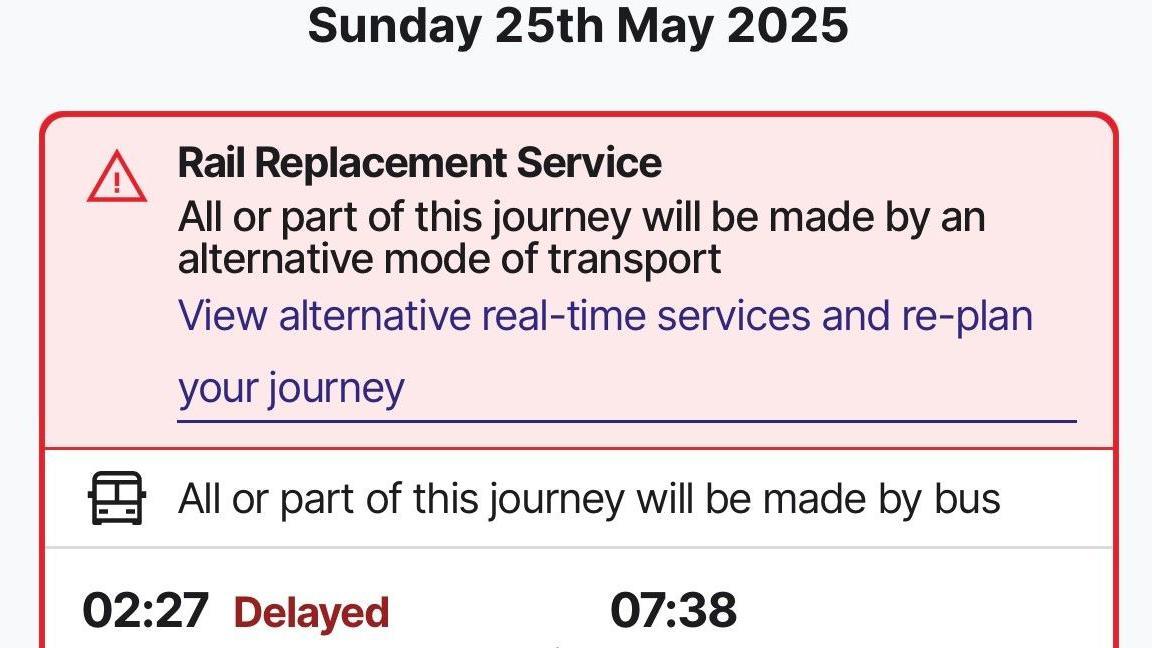 A screenshot of an online rail timetable showing the replacement bus service on Sunday 25 May