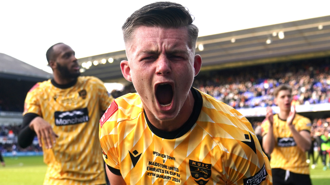 Maidstone United's Riley Court celebrates the non-league club's FA Cup win at Ipswich Town