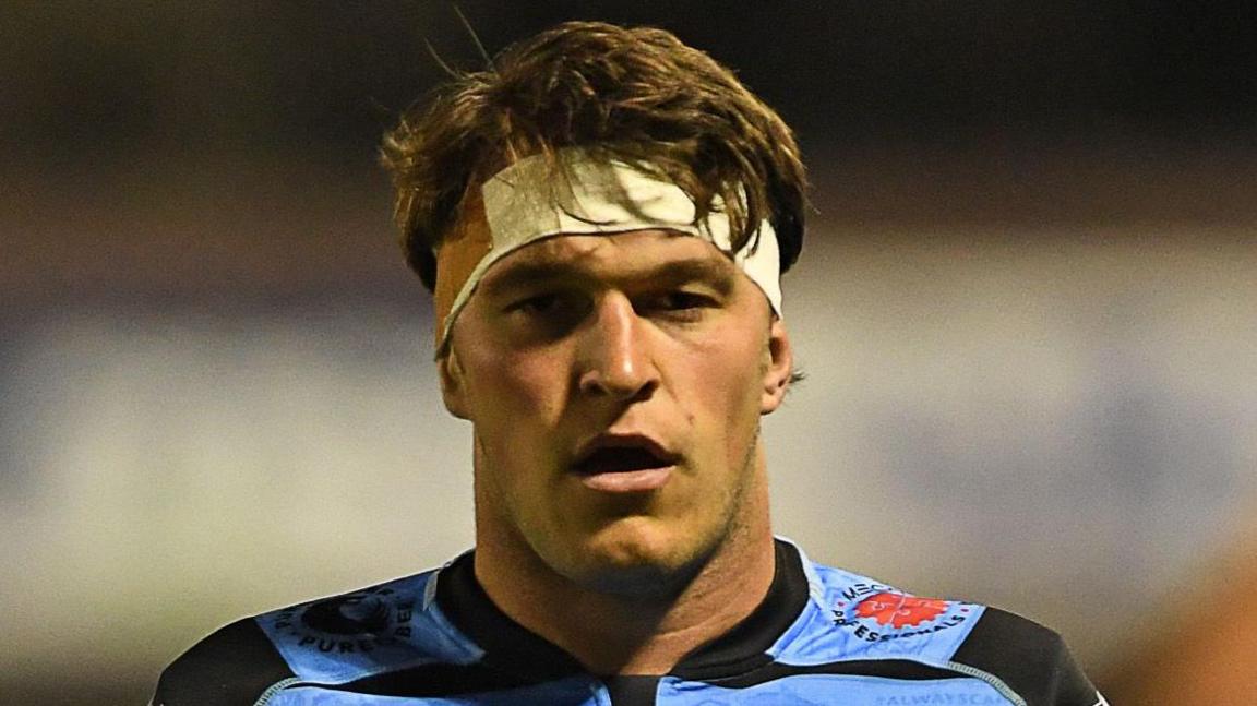 Cardiff lock Teddy Williams wearing a white headband