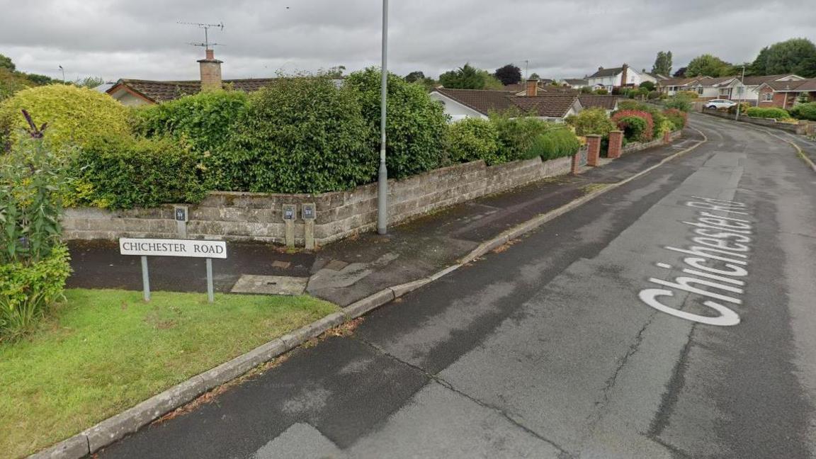 Chichester Road in Barnstaple on a gloomy day. A road sign is on a patch of grass. The road has several houses with trees and shrubbery in the gardens.