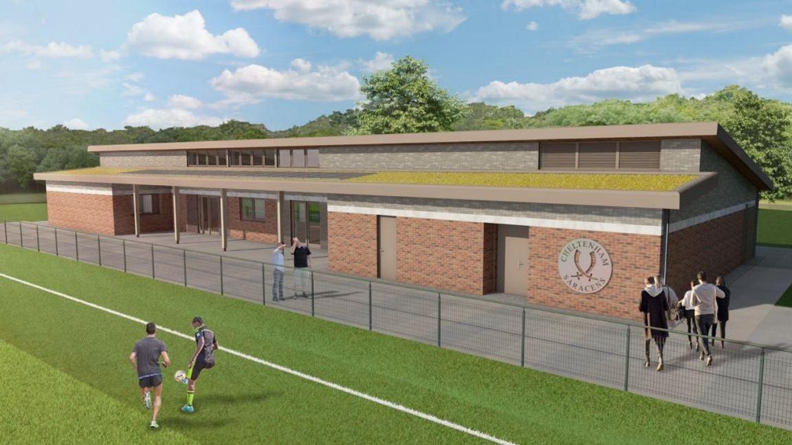A computer-generated image showing a football club's new clubhouse built with bricks, and people playing football.