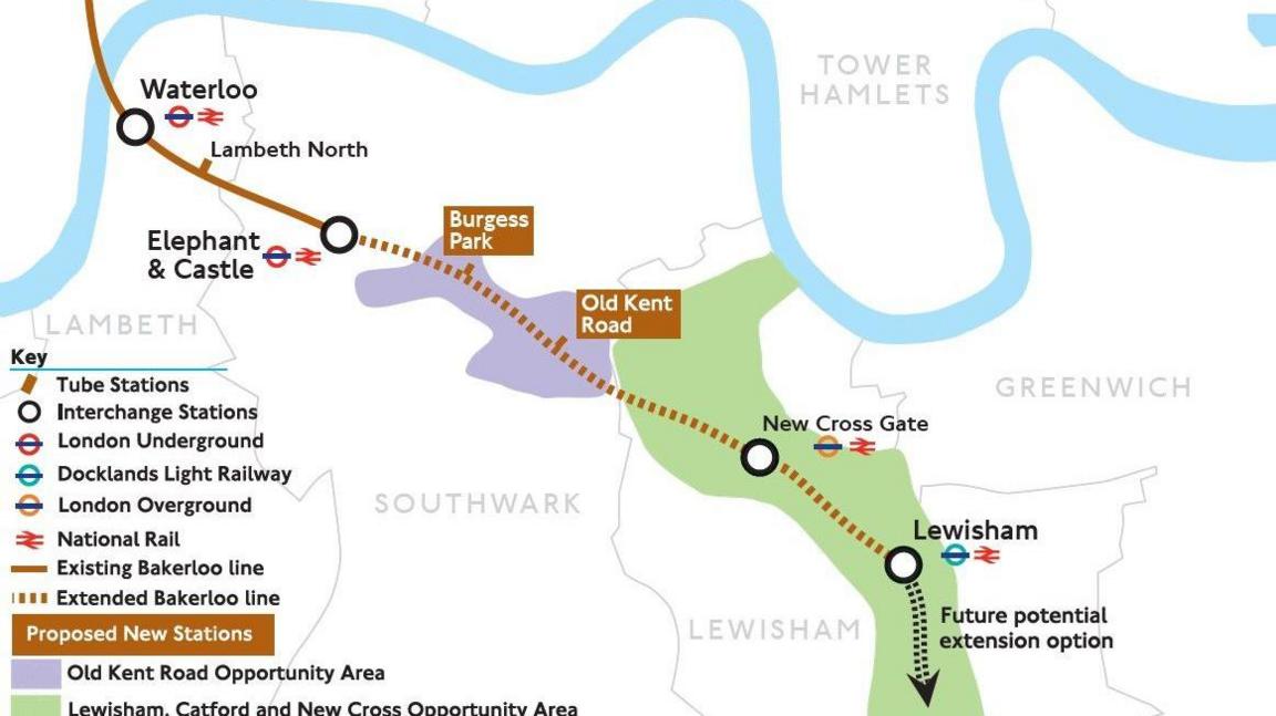 A map of the proposed Bakerloo line extension to Lewisham