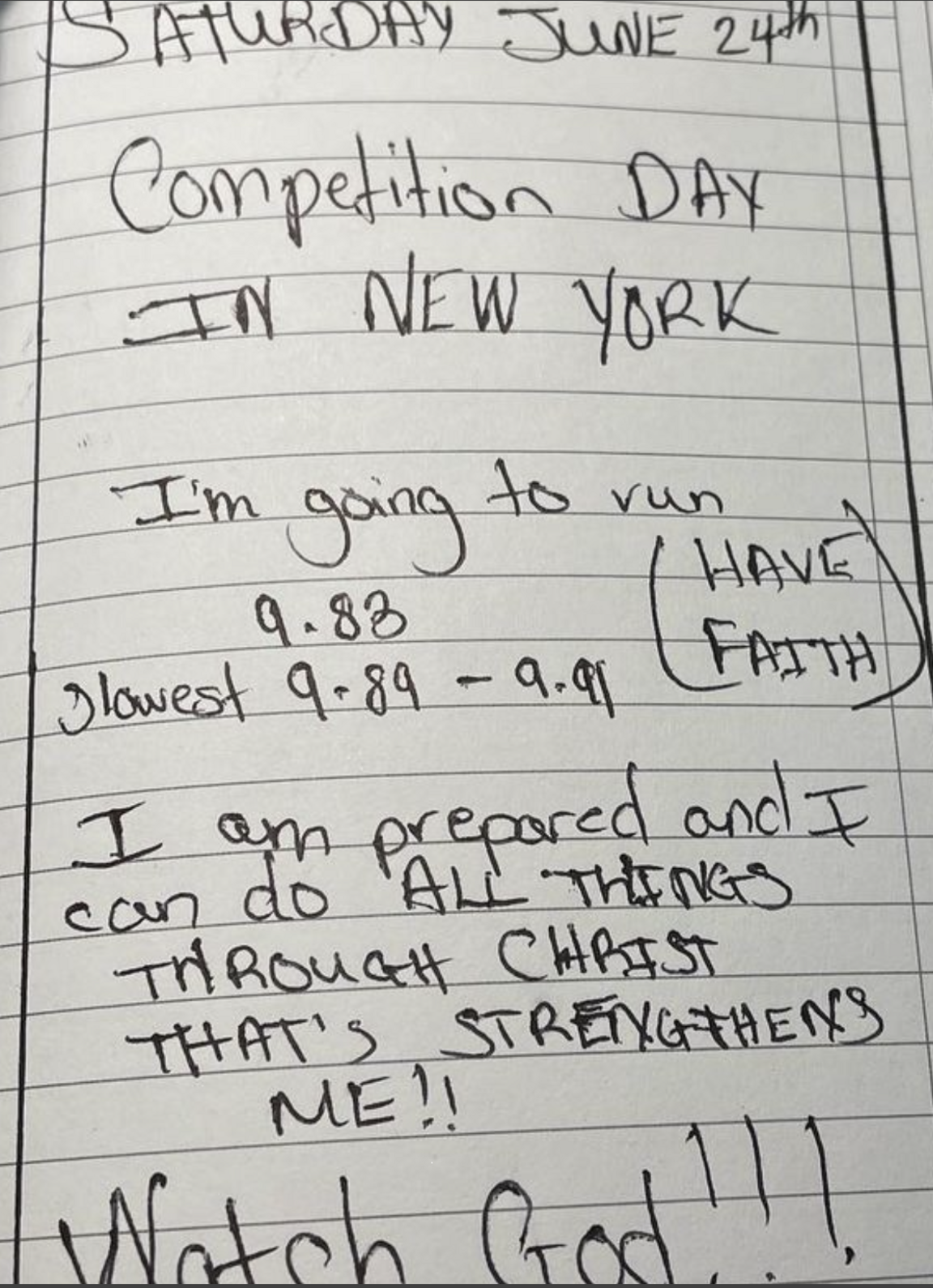 Zharnel Hughes shared a photo of his notes on Instagram which read: 'Competition day in New York. I'm going to run 9.83'.