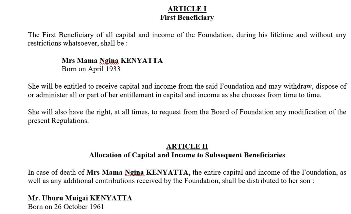 Document grab showing president Kenyatta is listed as inheritor of a secret foundation