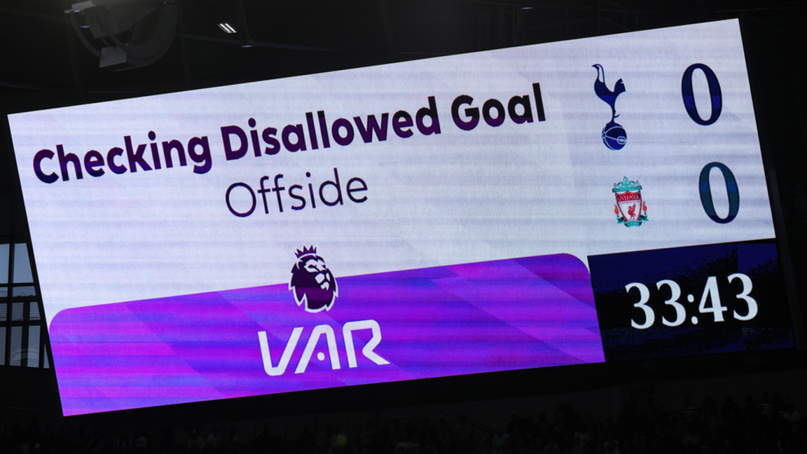 The big screen at Tottenham Hotspur Stadium showing a message that a goal has been disallowed during Tottenham's game with Liverpool