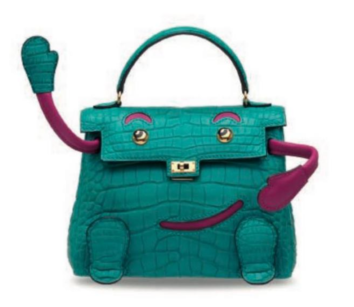 Green and pink Hermes Crocodile Kelly handbag with a cartoon-style face