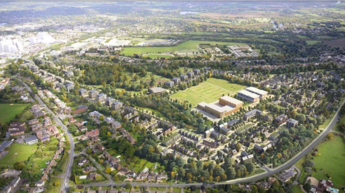 An artist's impression of the plans for the Elizabeth Quarter estate on the Maidenhead Golf Club site. It is mainly made up of houses around the edge, with two large buildings and a large grass area in the middle.