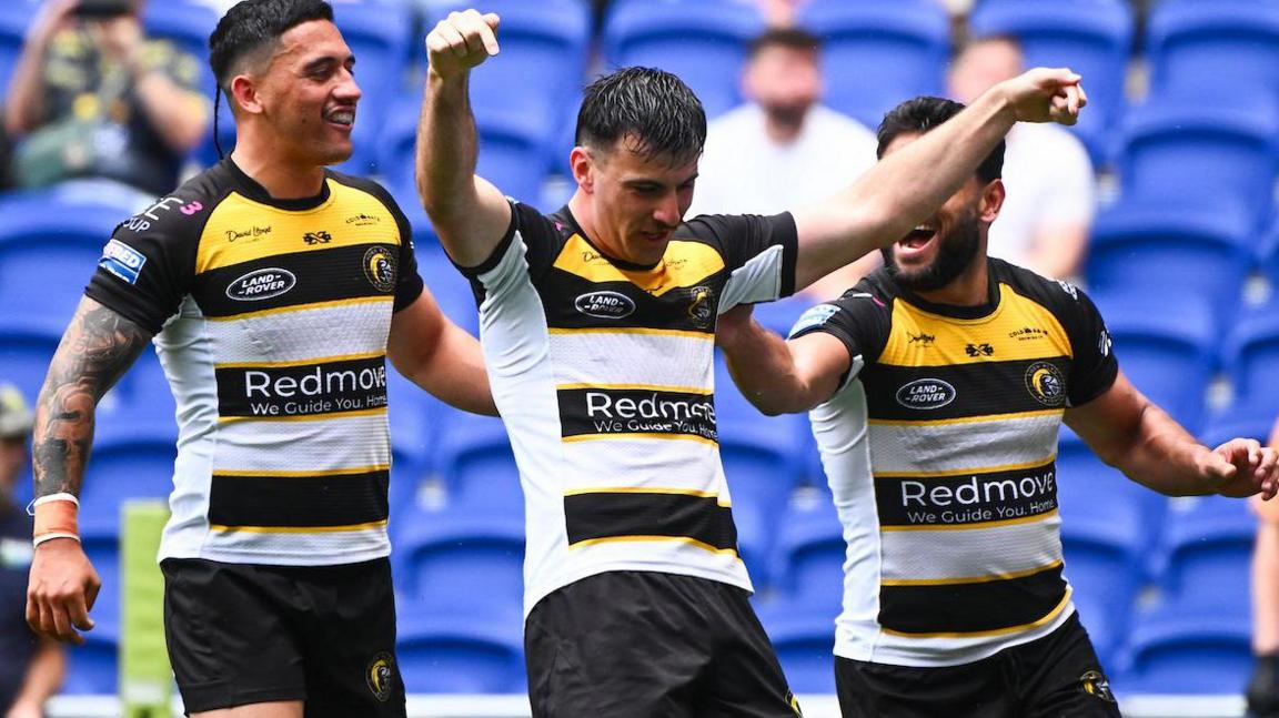 Cody Hunter of York Knights celebrating his second try of the match with his team-mates.