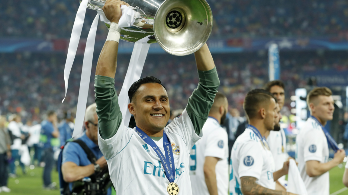 Goalkeeper Keylor Navas celebrates winning the Champions League with Real Madrid in 2018