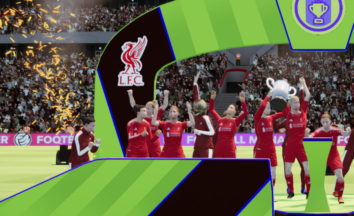 LFC lift the trophy in a screengrab of the FM26 game.