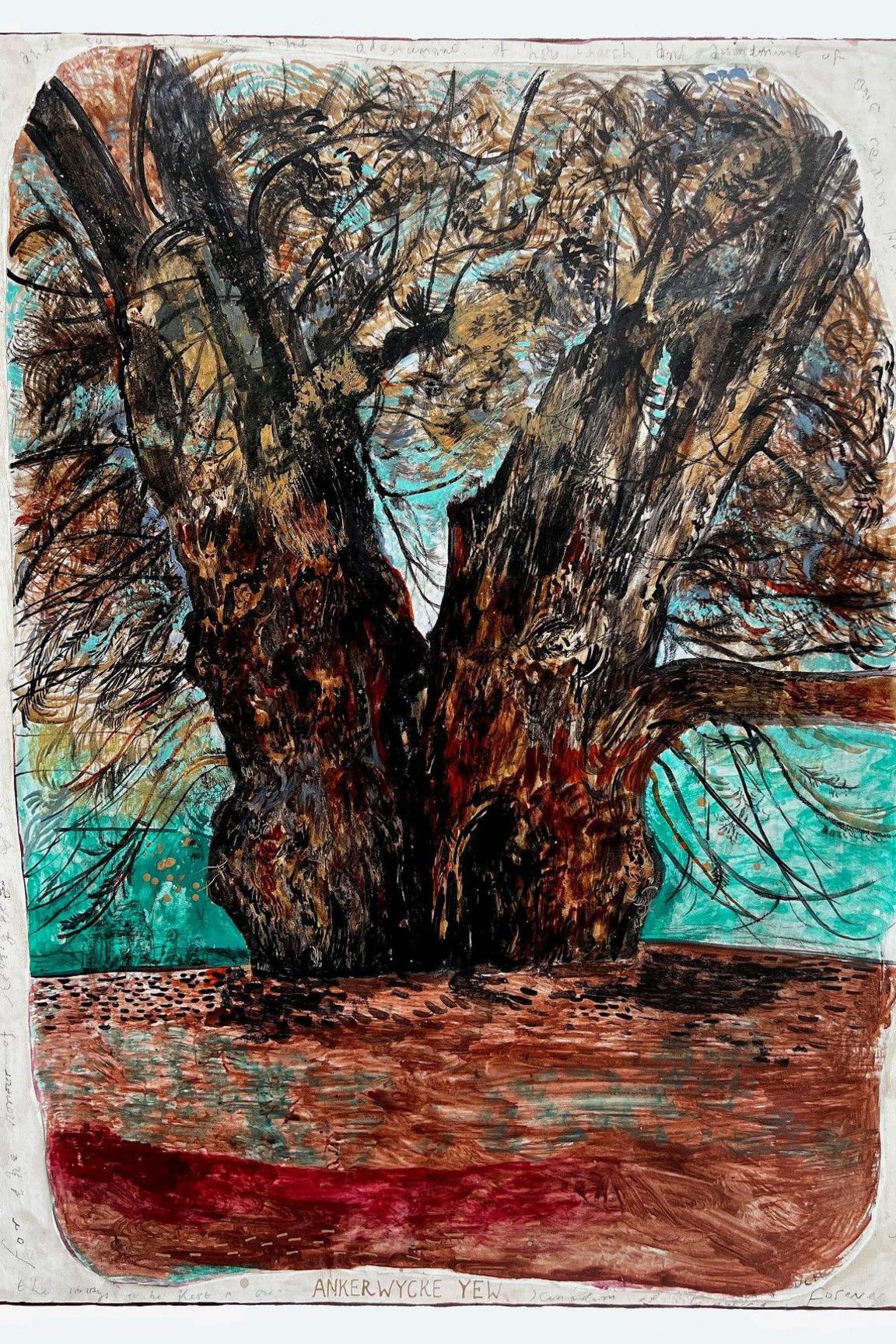 A crude painting of a tree with a brown scribbly foreground and bright blue sky behind it. It shows a large girthy tree, which is split down the middle and has scrubby branches.