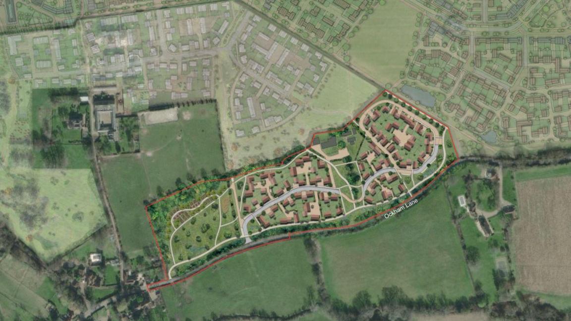 An aerial view showing what the new houses would look like in an outline drawing. There are fields and other planned homes are shown drawn on the plans as well.