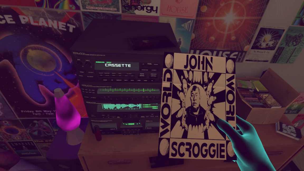 A virtual reality hand holds a ticket for a secret rave, in front of a desk with a music system and posters in view