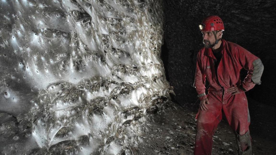Spiders web on the wall of the cave with a man in red overalls and a red helmet looking at it