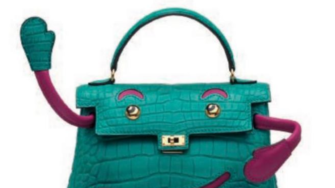 Green and pink Hermes Crocodile Kelly handbag with a cartoon-style face