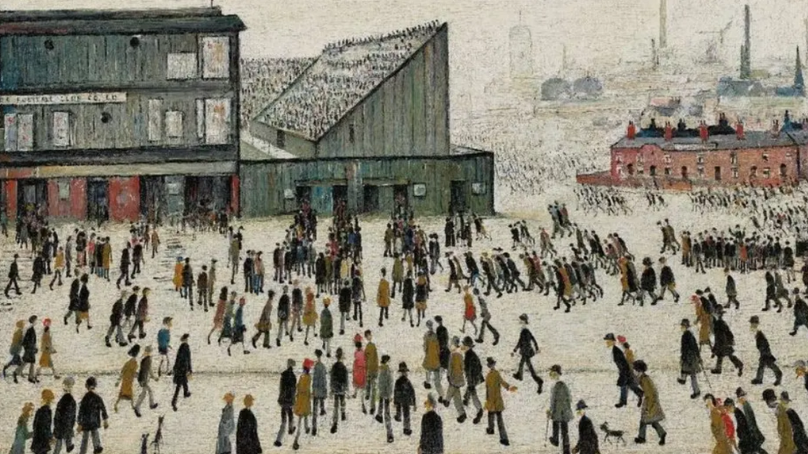 Going to the Match, another of Lowry's paintings showing figures walking towards a football ground with mills and chimneys in the background