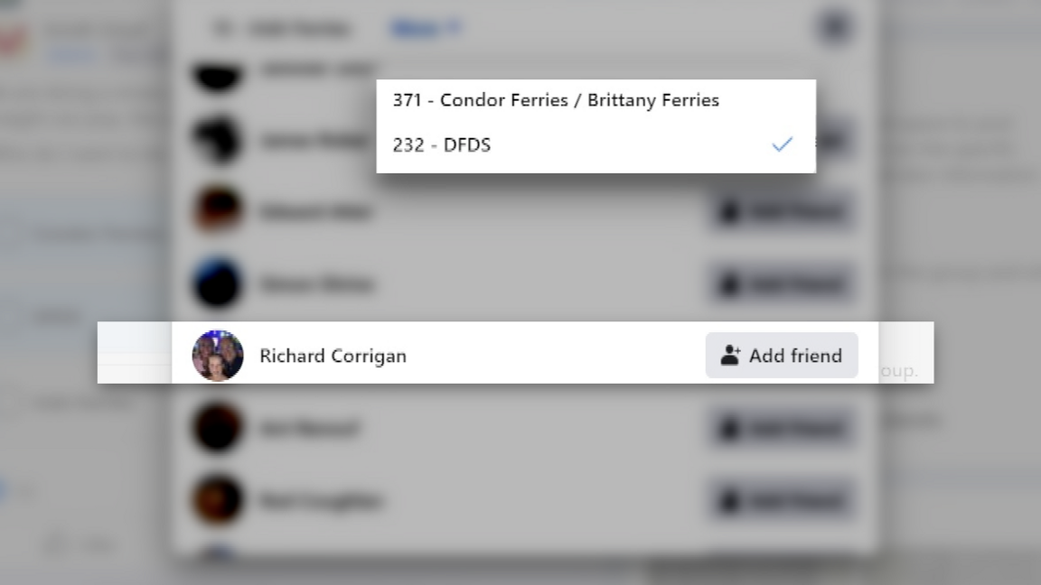 A screen grab from a social media platform. In the middle of the image, there is a focused section showing the name Richard Corrigan. Above this, there is a dropdown box listing two options: "371 - Condor Ferries / Brittany Ferries" and "232 - DFDS".