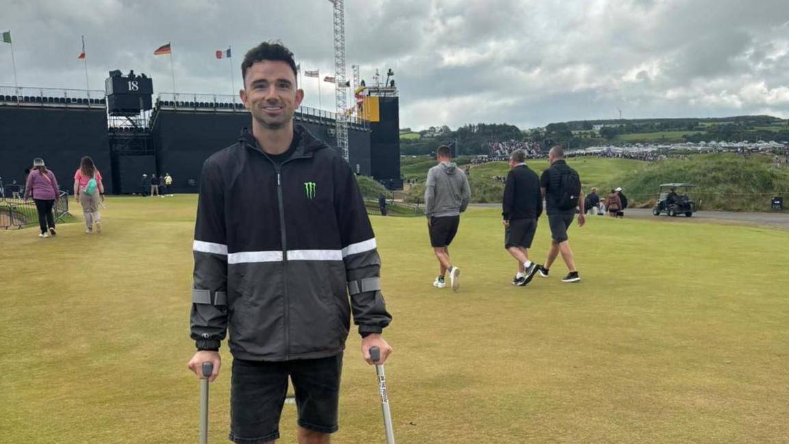 Glenn Irwin on crutches at Royal Portrush