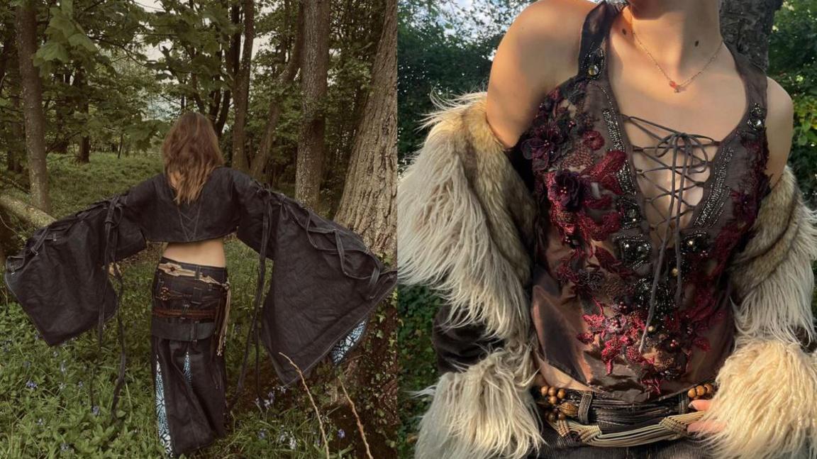 A collage of two of Alexandra Burch's garments - a two piece denim-looking top with oversized sleeves and a skirt and a top with floral ornaments, wool jacket and jeans. Both models are in the woods.