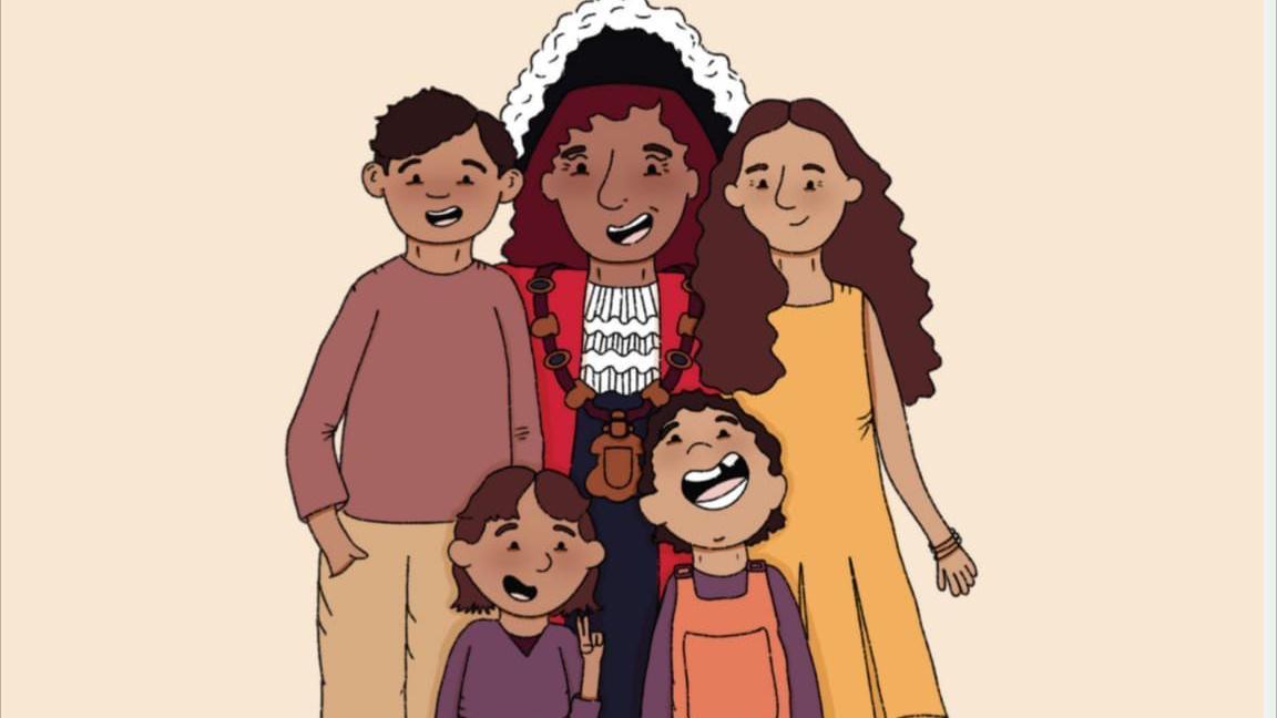 An illustration from the book depicting a mayor surrounded by a smiling family.