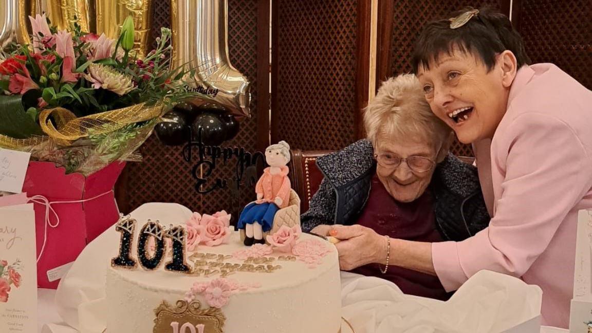 Evy celebrates her 101st birthday with her daughter Frances