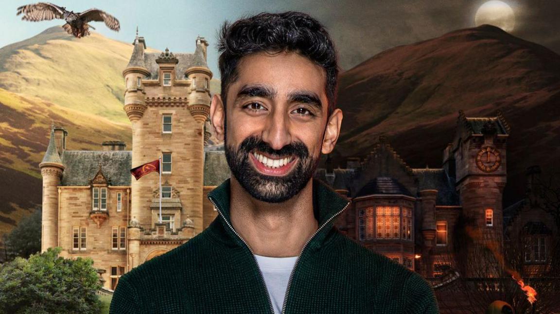 A bearded, smiling man in a high-necked zip-up fleece is superimposed onto an image of a large Scottish castle in front of two mountains. One half of the image is swathed in daylight as a bird of prey swoops over the scene. The other half shows night-time, a full moon beginning to rise above the mountaintop as an eerie orange glow emanates from the windows of the building.