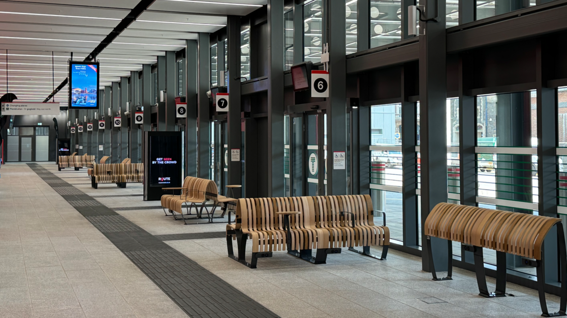 Cardiff bus station inside showing benches