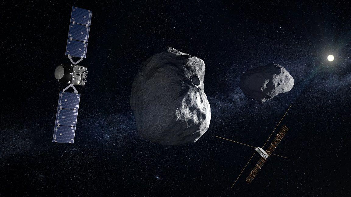 illustration of spacecrafts near asteroids. 