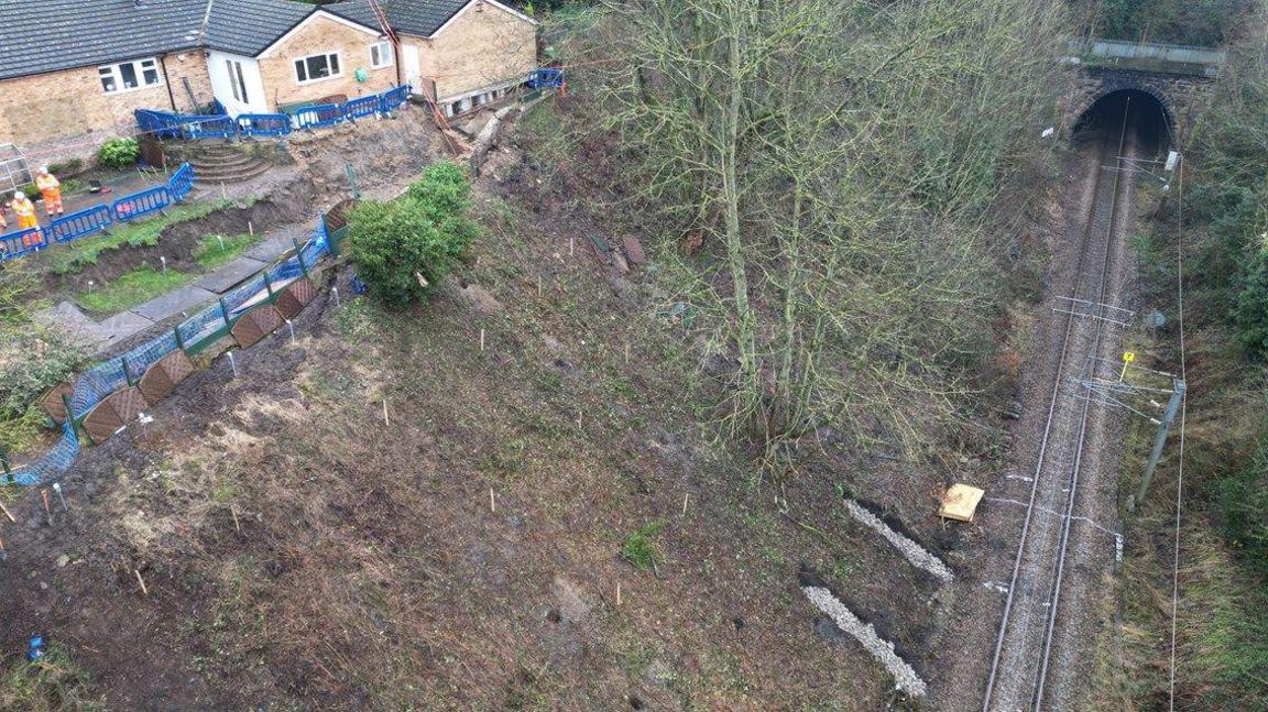 Landslip on a railway line in Baildon, Bradford