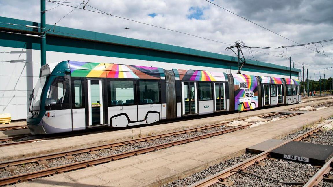 Nottingham tram Pride paintwork